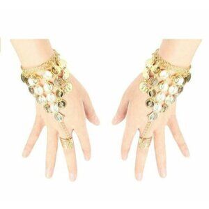 2X Belly Dance Performance Metal Ring To Wrist Bracelet Bangle Gold Coins Link